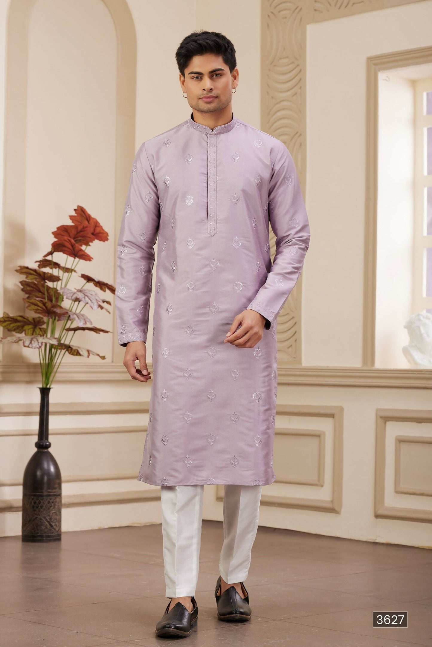 Raivat Ethnic Men's Art Silk Thread Work Kurta Pyjama In Light Purple Colour