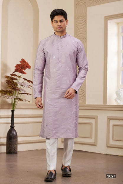 Raivat Ethnic Men's Art Silk Thread Work Kurta Pyjama In Light Purple Colour