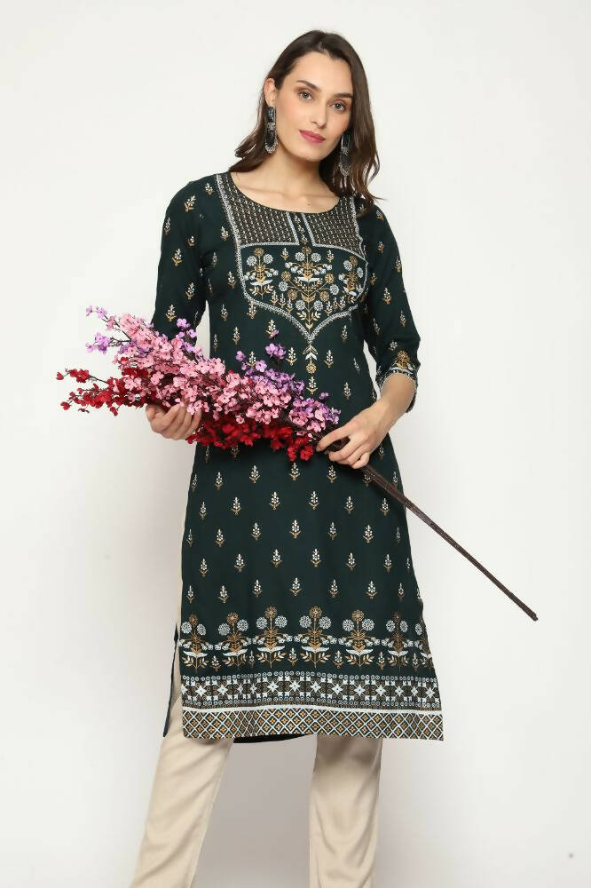 Maai Rayon Hand Printed Kurta Green