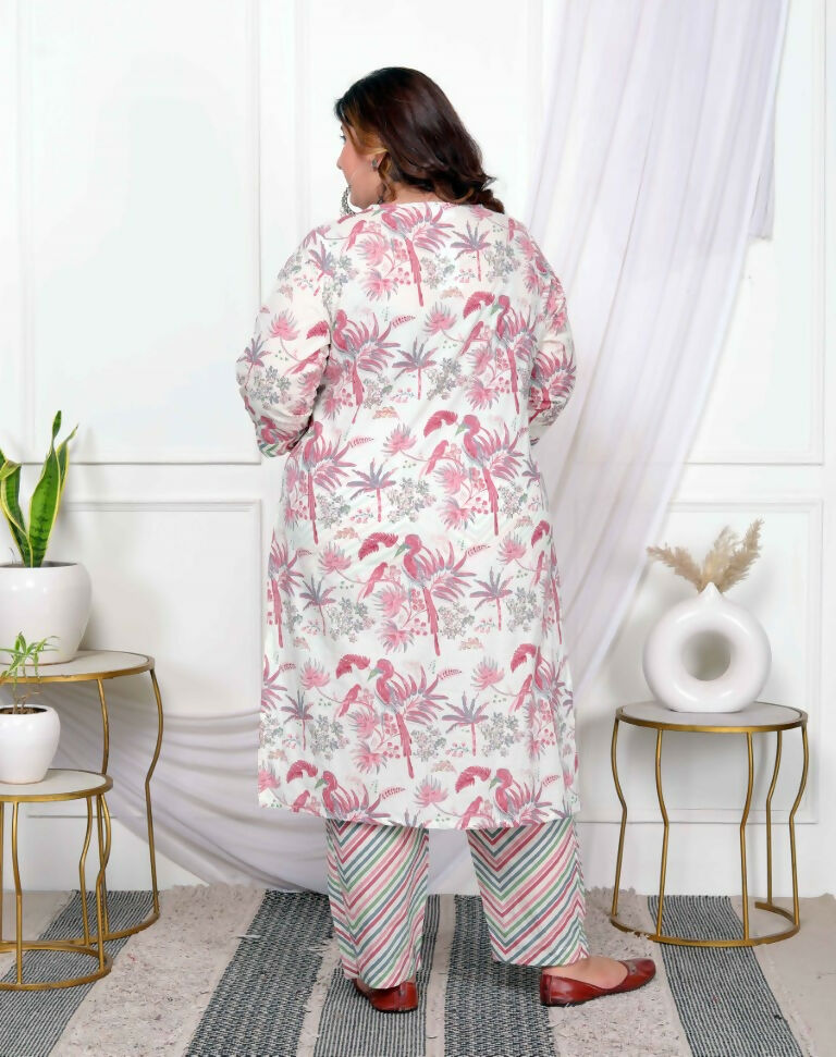 Miravan Women's Plus Size Cotton Light Pink Scenic Birds And Leaf Floral Printed Straight Pakistani Style Suit Set