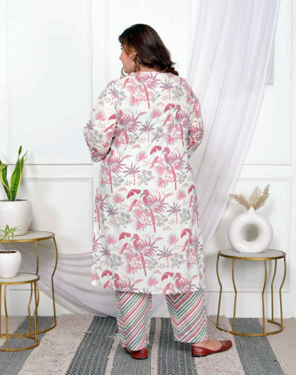 Miravan Women's Plus Size Cotton Light Pink Scenic Birds And Leaf Floral Printed Straight Pakistani Style Suit Set