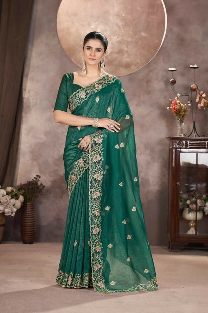 Vastranavya Gold Crunchy Multi Colour Threads Embroidery Work with Sequins Work Saree with Blouse material - Green