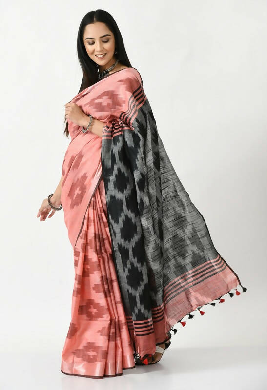 Mominos Fashion Moeza Gajari & Black Bhagalpuri Handloom Ikat Pure Cotton Saree with unstitched Blouse piece