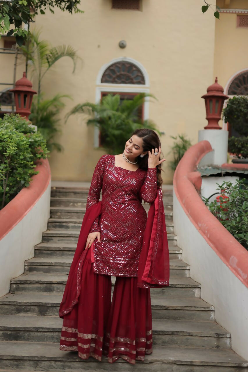 Vastranavya Premium Designer Heavy Sequins & Thread Embroidered work Top Sharara & Dupatta - Maroon