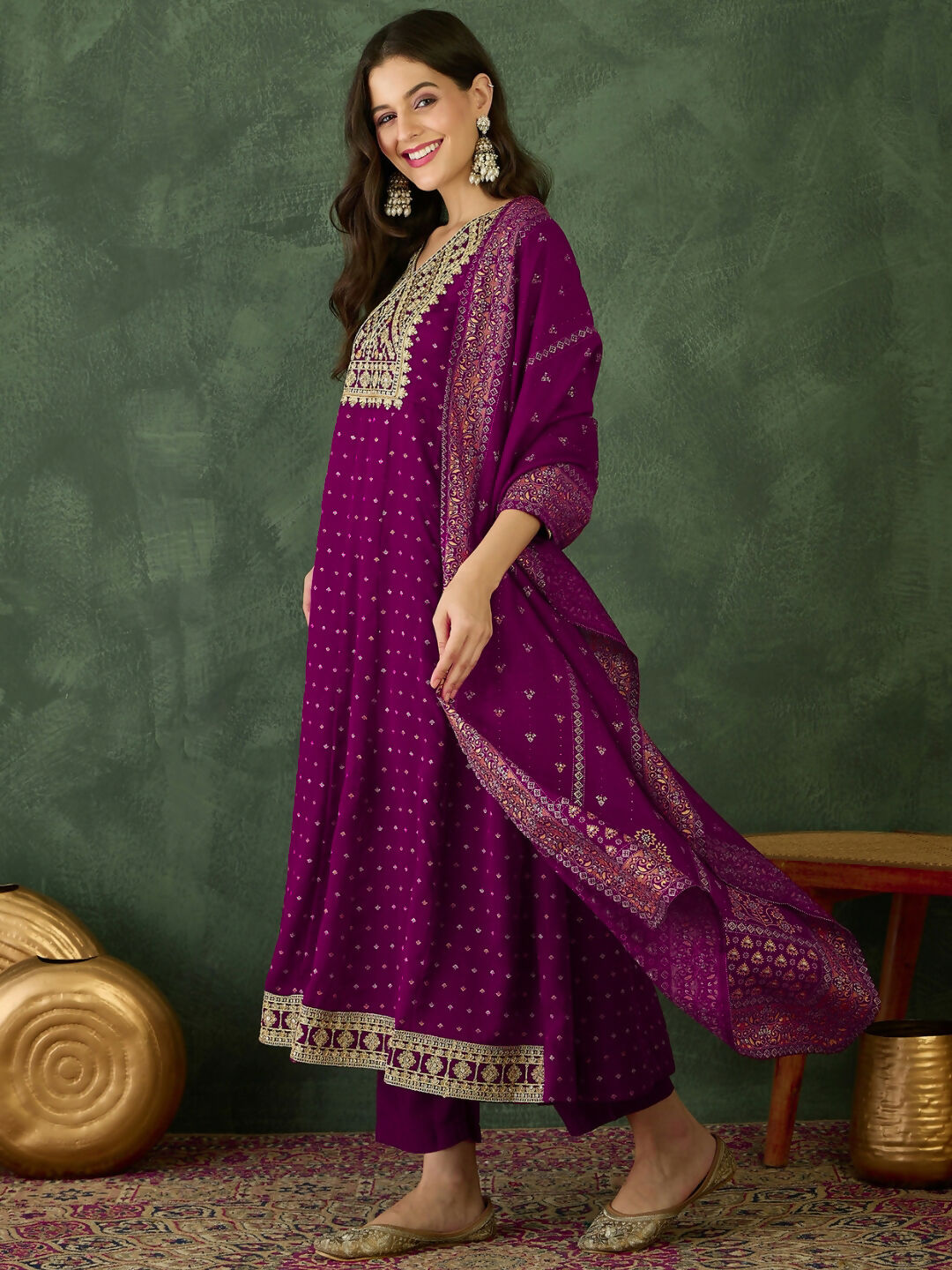 The52 Wine Women's Gorgeous Embroidered Work Vichitra Silk Fabric Flared Kurta Pant and Dupatta Set