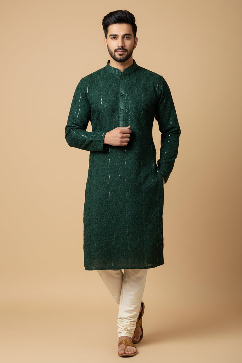 Dark green kurta set