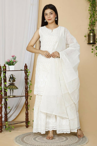 Miravan Women's Beige Embroidered Chikankari Pure Cotton Kurti With Sharara And Dupatta