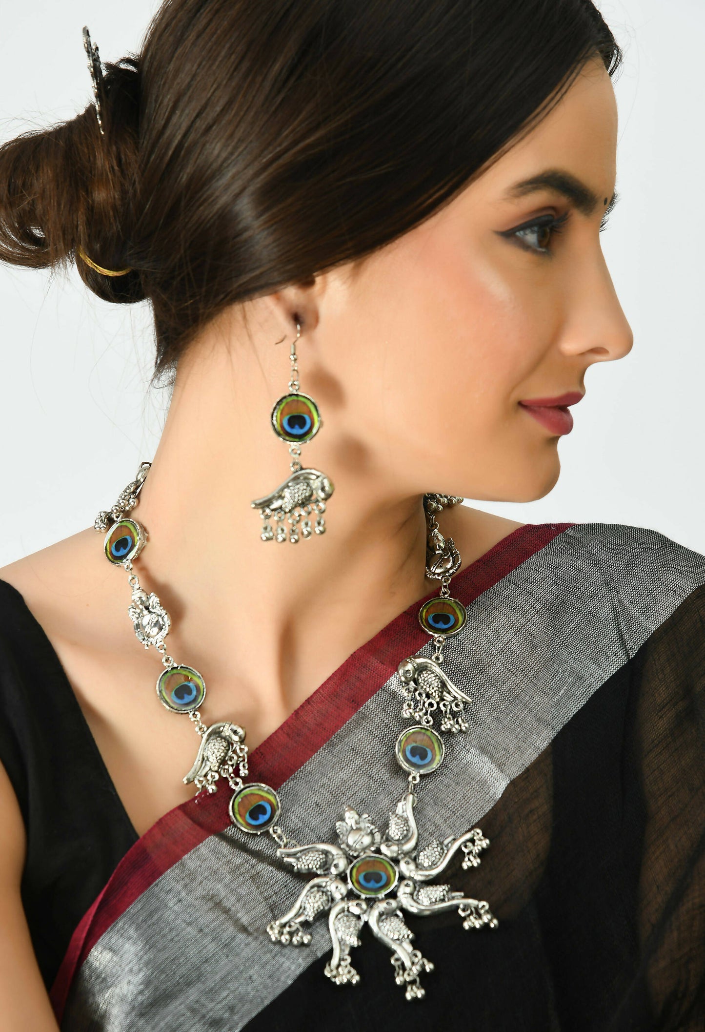 Mominos Fashion Johar Kamal Oxidised Silver-Plated Brass Finish Peacock Design Long Necklace Set For Women