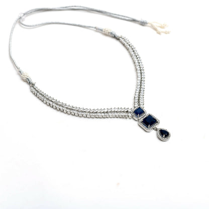 Mominos Fashion Johar Kamal Silver-Plated American Diamond Navy Blue Choker Set
