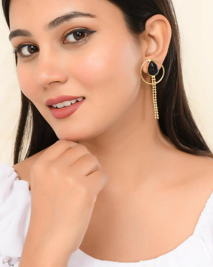 VOJ One Gram Gold-Polished Drop Shaped Black Stone Studded Earrings