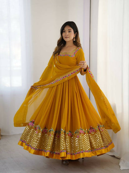 Teeya Creation Yellow Color Heavy Georgette Wedding Wear Embroidery Work Long Gown