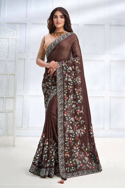 Brown Two Tone Georgette Silk Sequence Embroidered with Stone work Saree - Mohmanthan Majestica