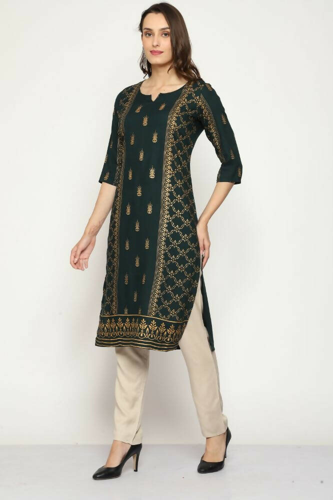 Maai Rayon Hand Printed Kurta Green