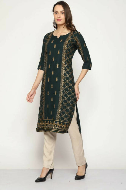 Maai Rayon Hand Printed Kurta Green