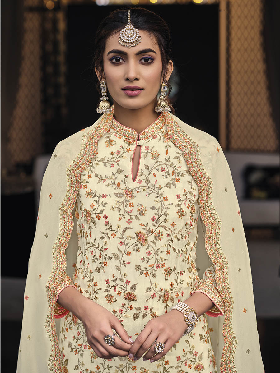 Myra Off White Chinon with Georgette Embroidered Palazzo Suit