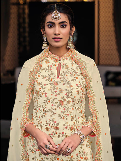Myra Off White Chinon with Georgette Embroidered Palazzo Suit