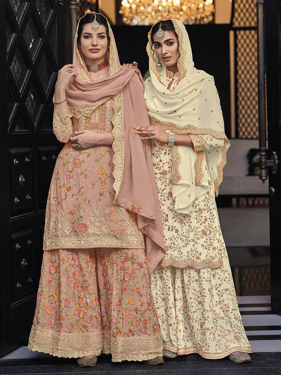 Myra Off White Chinon with Georgette Embroidered Palazzo Suit