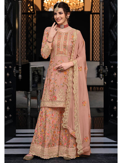 Myra Dusty Peach Chinon with Georgette Embroidered Palazzo Suit