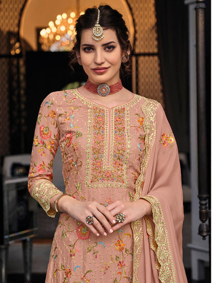 Myra Dusty Peach Chinon with Georgette Embroidered Palazzo Suit