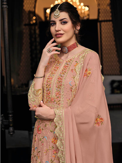 Myra Dusty Peach Chinon with Georgette Embroidered Palazzo Suit