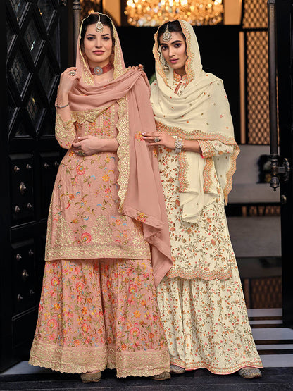 Myra Dusty Peach Chinon with Georgette Embroidered Palazzo Suit