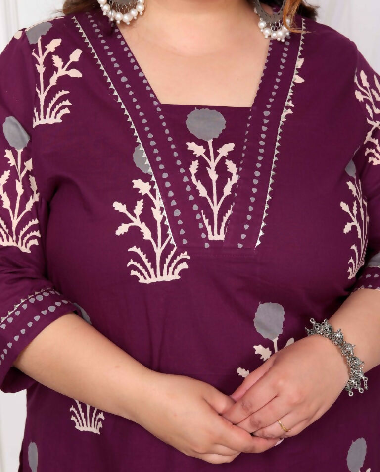 Miravan Women's Plus Size Cotton Fabric Purple Color Kurta With Palazzo And Dupatta