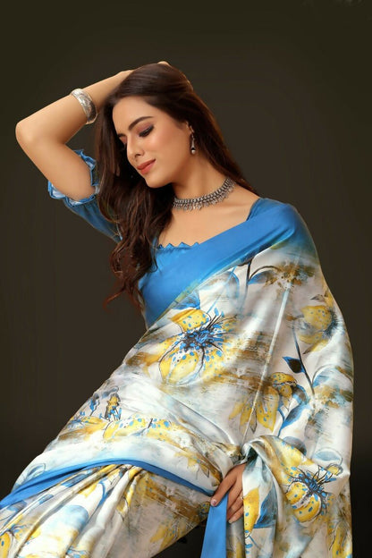 Aayaa Designer Printed Satin Saree - Multi Color