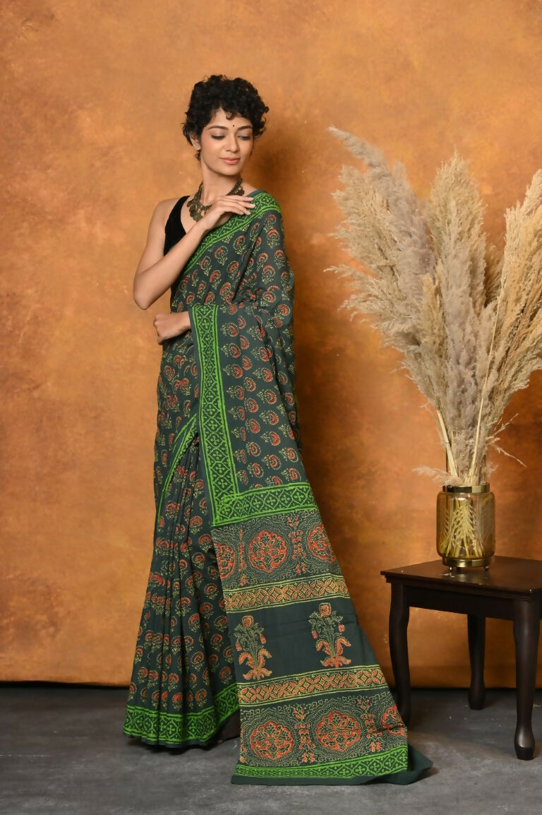 Very Much Indian Handblock Printed Cotton Saree With Natural Dyes - Green