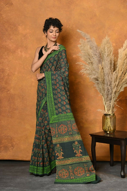 Very Much Indian Handblock Printed Cotton Saree With Natural Dyes - Green