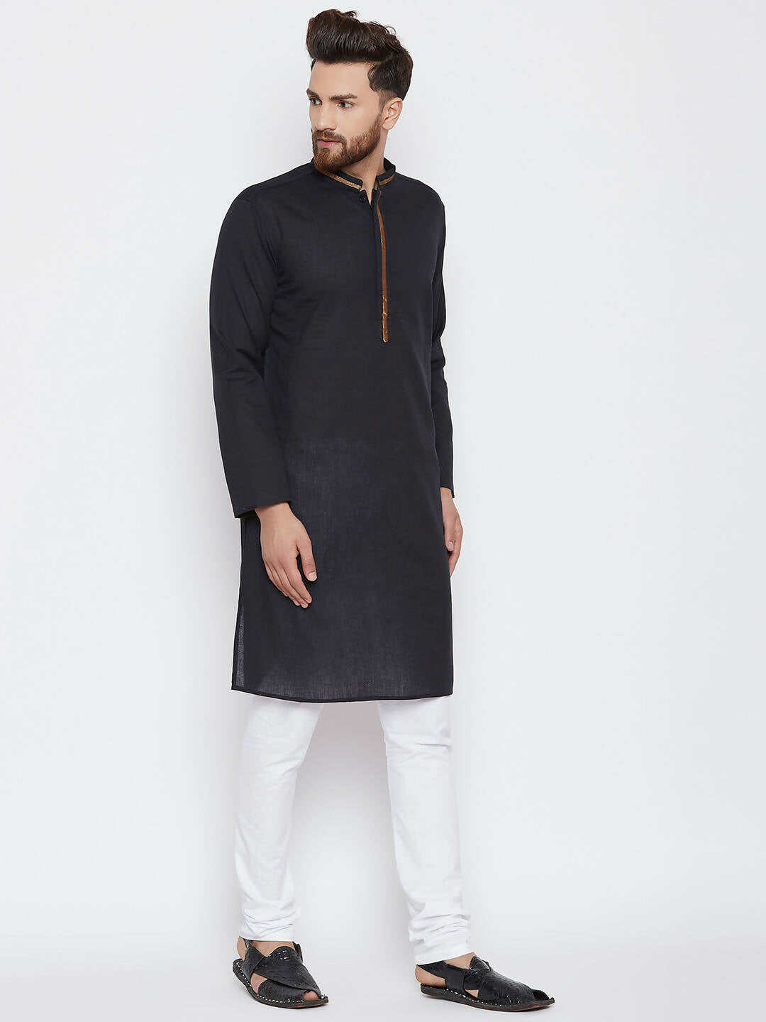 Even Apparels Black Color Pure Cotton Men's Kurta With Band Collar
