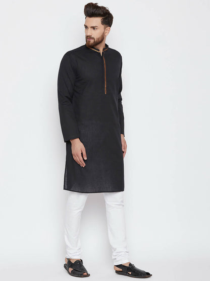 Even Apparels Black Color Pure Cotton Men's Kurta With Band Collar