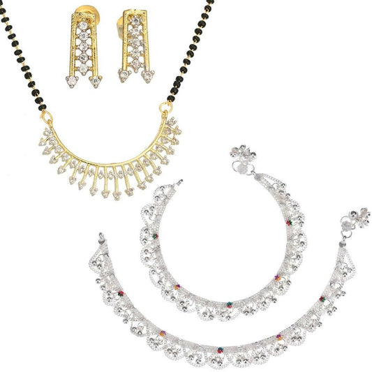 AanyaCentric Gold-Polished Mangalsutra Pendant Earring Set & Silver Plated Anklet