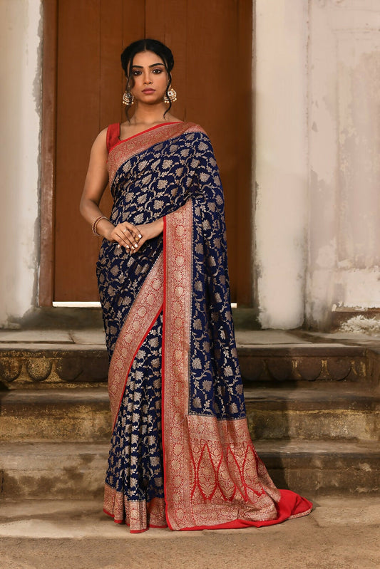 Joban Fashion Navy Blue Crepe Chiffon Pure Handloom Banarasi Silk Saree