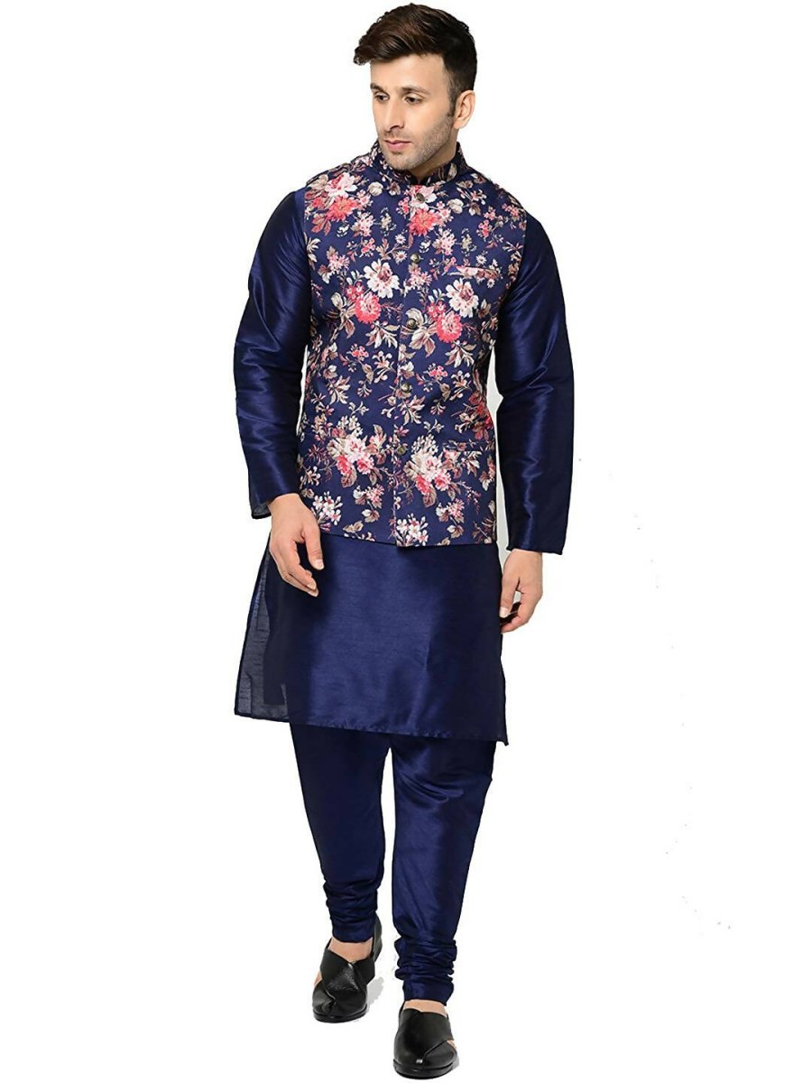ABH Lifestyle Men's Silk Navy Blue Kurta Pyjama & Printed Nehru Jacket
