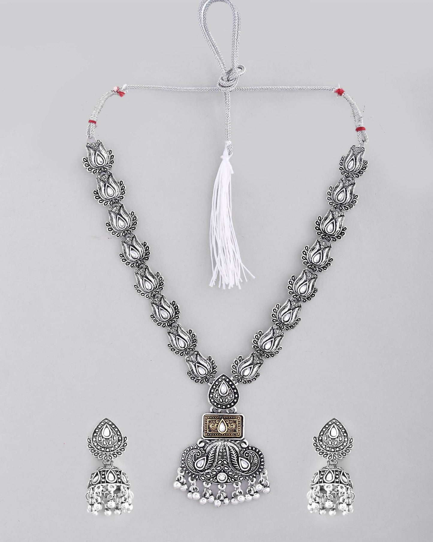 VOJ Dual Toned Oxidized Necklace With Earrings Set