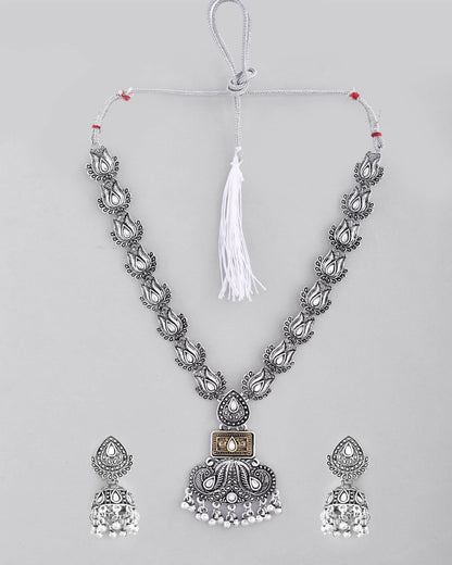 VOJ Dual Toned Oxidized Necklace With Earrings Set