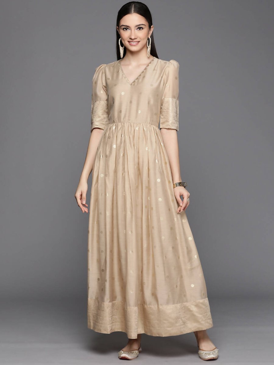 Ahalyaa Women's Beige Chanderi Gold Foil Print Dress