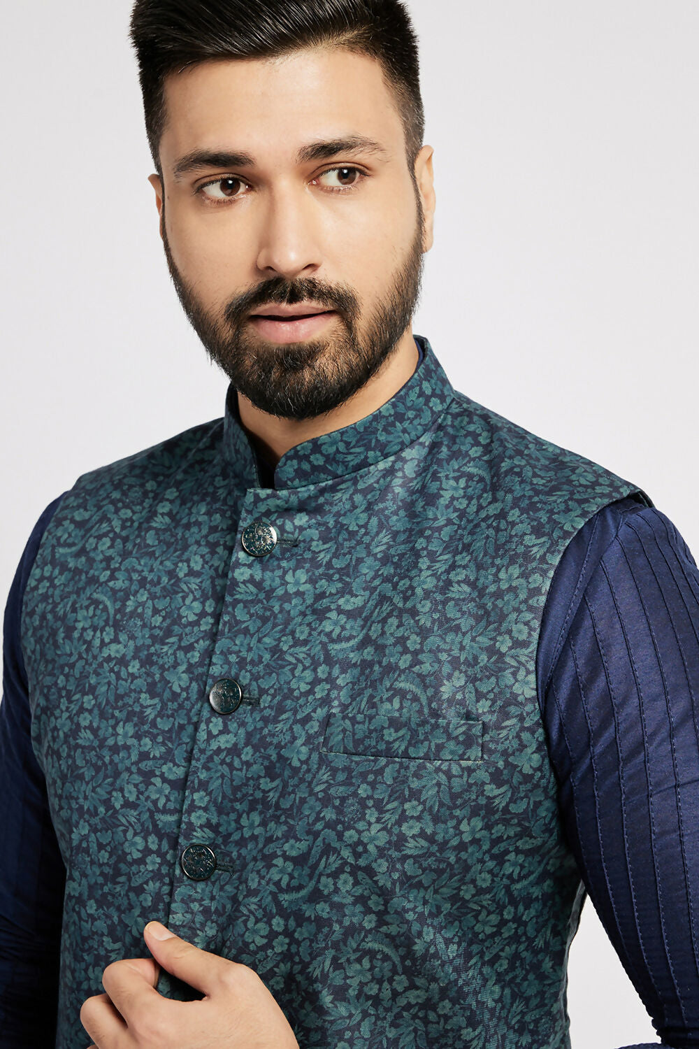 Ethnic India Navy Blue Bundi Men's Jacket Geometric Polyester