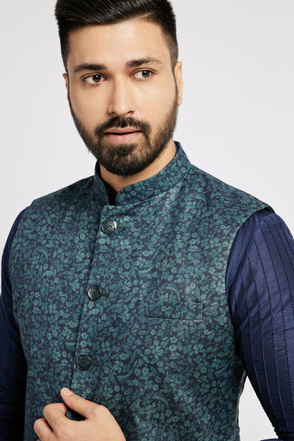 Ethnic India Navy Blue Bundi Men's Jacket Geometric Polyester