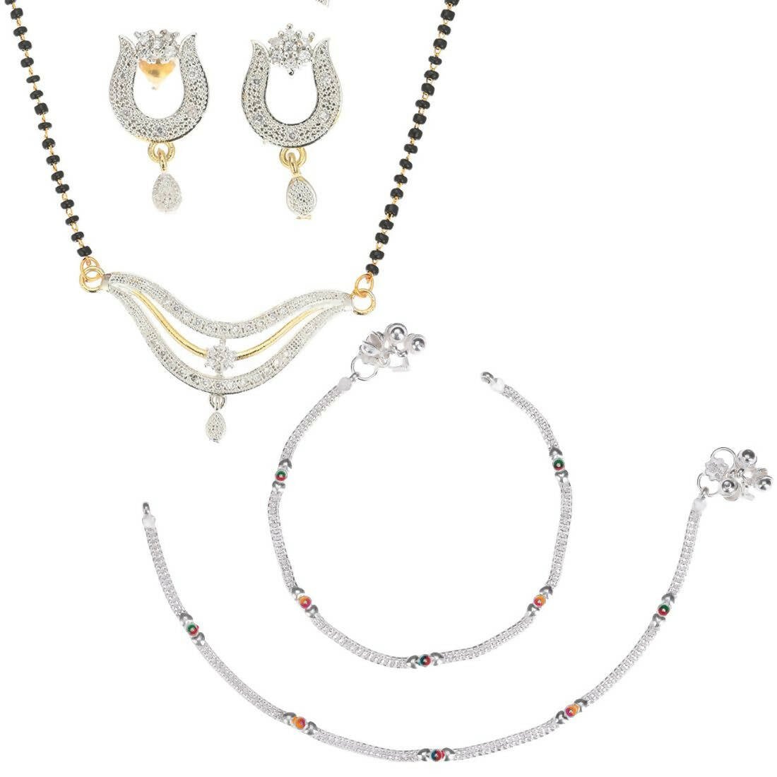 AanyaCentric Gold-Polished Mangalsutra Pendant Earring Set & Silver Plated Anklet