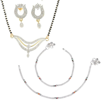 AanyaCentric Gold-Polished Mangalsutra Pendant Earring Set & Silver Plated Anklet