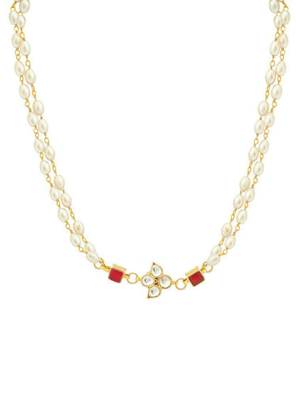 White and Red Beaded Gold Plated Flower Kundan Necklace - Ruby Raang