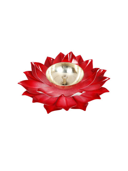 CraftVatika Red Lotus-Shaped Pooja Diya Oil Lamp