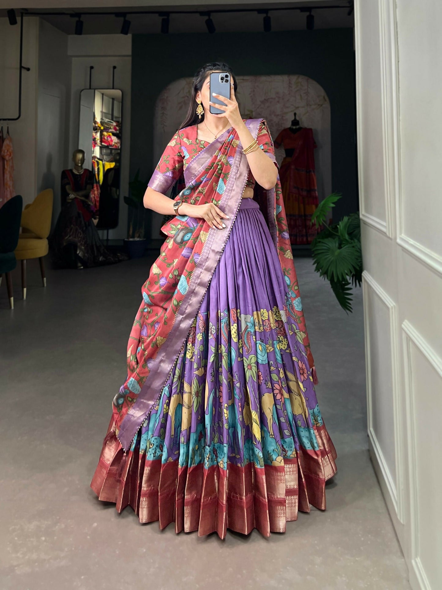 Vastranavya Kalamkari Printed Dola Silk Lehenga Choli - Lavander