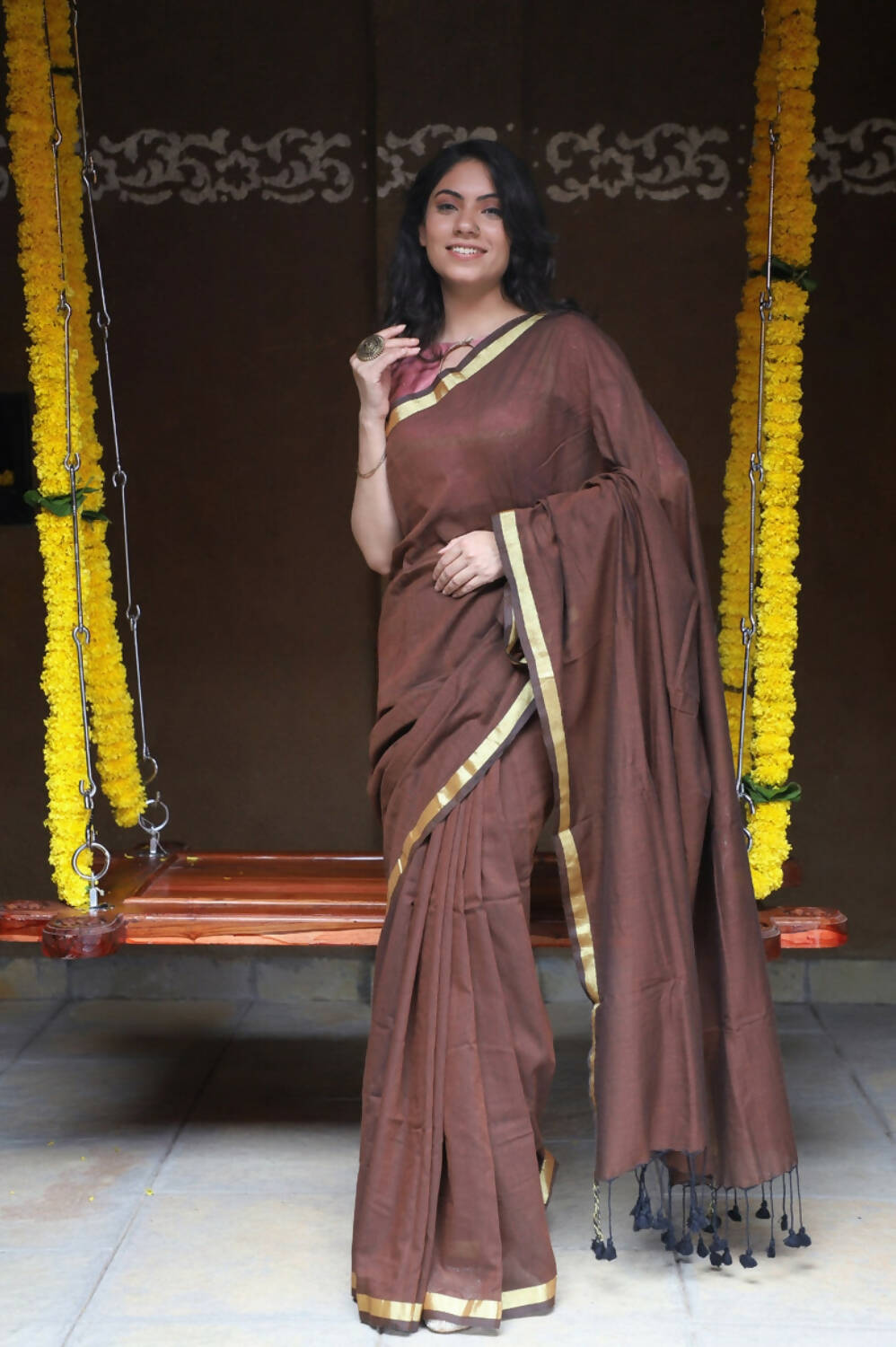 Very Much Indian Pure Cotton Handloom Saree With Intricate Borders - Brown