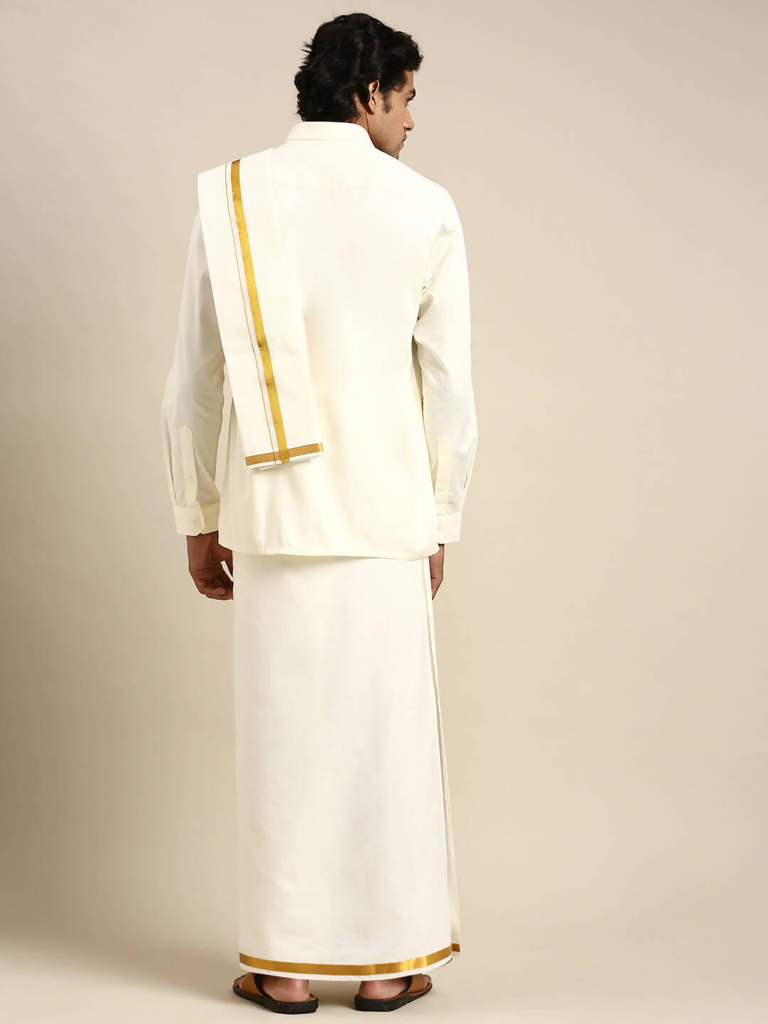 Ramraj Cotton Premium Wedding Cream Regular Dhoti, Shirt & Towel Set Arathi 3/4"