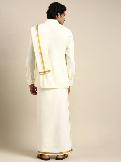 Ramraj Cotton Premium Wedding Cream Regular Dhoti, Shirt & Towel Set Arathi 3/4"
