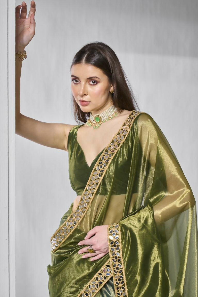 Green Gold Tissue Net Solid & Gold Cotted Saree - Samaa