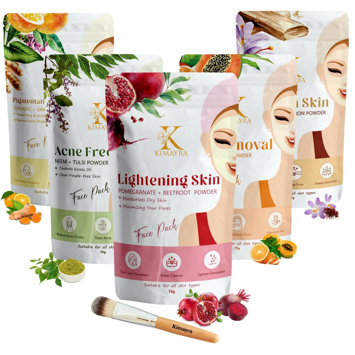 Kimayra Skin Care Combo Powder (Pomegranate + Beetroot, Neem + Tulsi, Orange + Papaya, Turmeric + Orange, Sandalwood + Saffron)