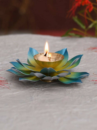 CraftVatika Blue Lotus Hand Painted Diya Metal